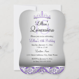 Convites Roxo Silver Damask & Tiara Quinceanera Invite