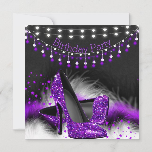 Convites Roxo Stars High Heels Birthday Chalkboard Lights (Frente)