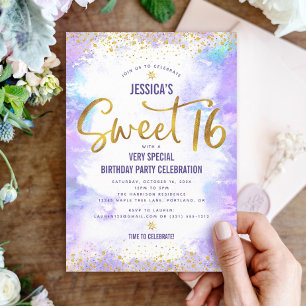 Convites Roxo Sweet 16 Aquarela Dourado Aniversário Glam Ou