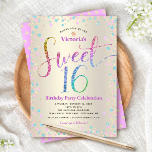 Convites Roxo Turquesa Brilho Doce 16 Aniversário Dourado