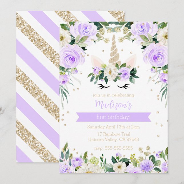 Convites Roxo Unicorn Girly Birthday (Frente/Verso)
