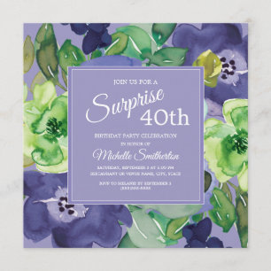Convites Roxo Verde Azul Marinho Aquarela Floral 40º Aniver