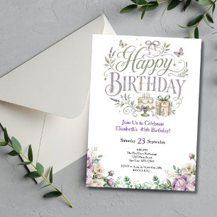 Convites Roxo Verde Florais Aquarela Aniversário Dela