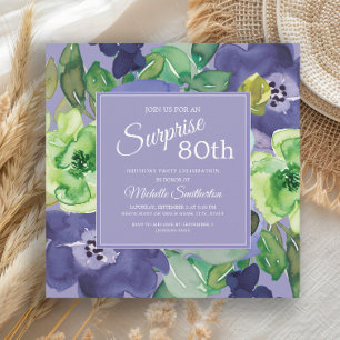 Convites Roxo Verde Naval Aquarela Floral 80º Aniversário