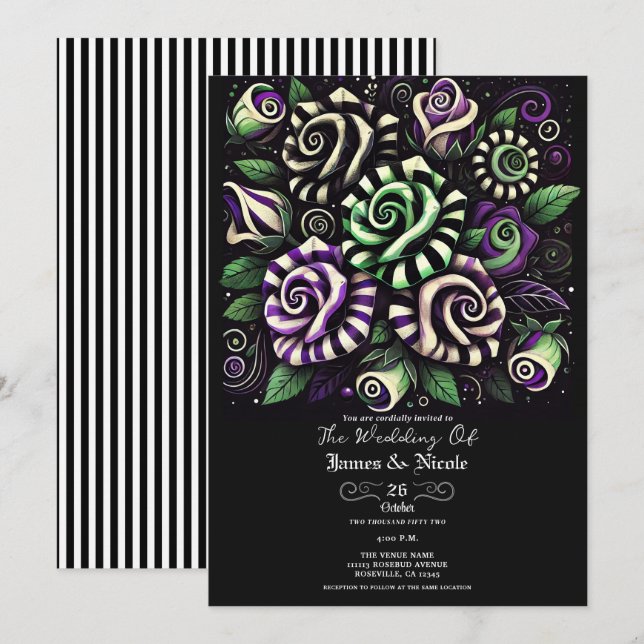 Convites Roxo Verde Preto Listra Floral Casamento de Hallow (Frente/Verso)