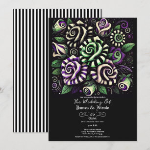Convites Roxo Verde Preto Listra Floral Casamento de Hallow