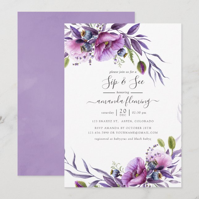 Convites Roxo Violeta Amarelo Floral Sip and See (Frente/Verso)