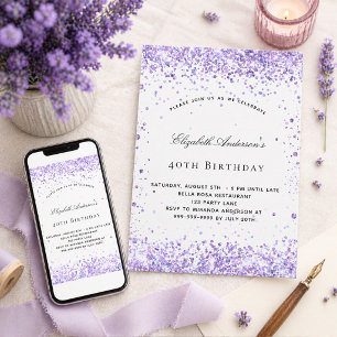 Convites Roxo violeta brilho em letra cursiva elegante