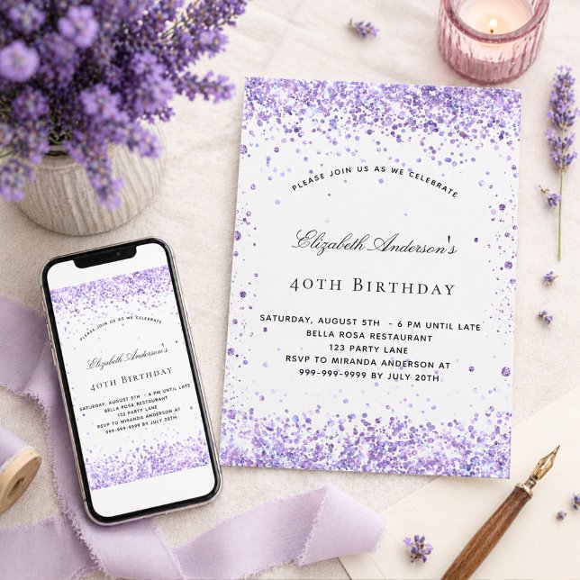 Convites Roxo violeta brilho em letra cursiva elegante (Criador carregado)