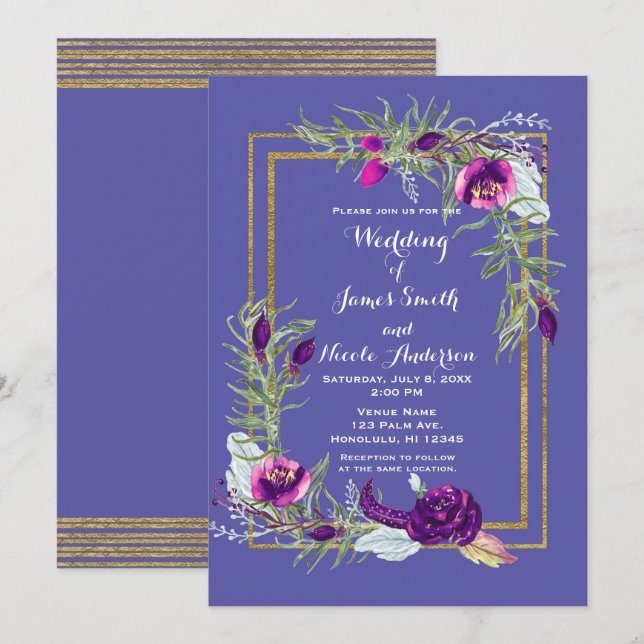 Convites Roxo Violeta e Dourado Floral Casamento Boêmio (Frente/Verso)