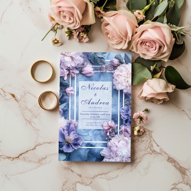 Convites Roxo Violeta Floral Geométrico Mármore Azul Casame (Criador carregado)