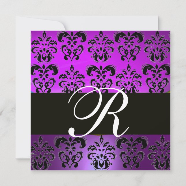 Convites ROXO VIOLETA PRETO DAMASCO MONOGRAMA,,branco (Frente)