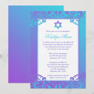 Convites roxos de Mitzvah do bastão do Flourish d