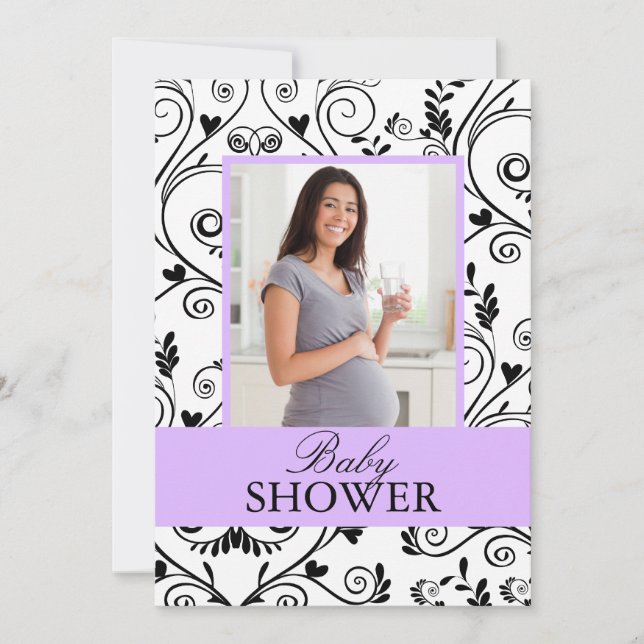 Convites roxos do chá de fraldas da foto chique (Frente)