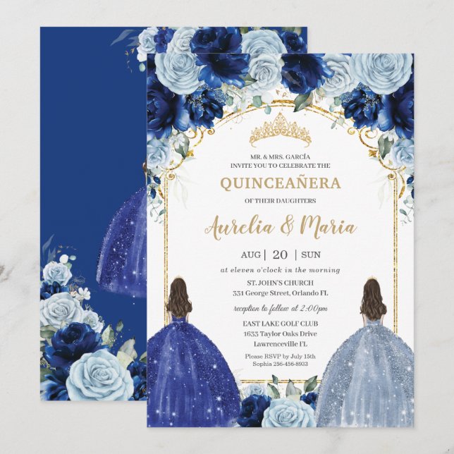 Convites Royal Baby Blue Floral Girls Twins Quinceañera (Frente/Verso)