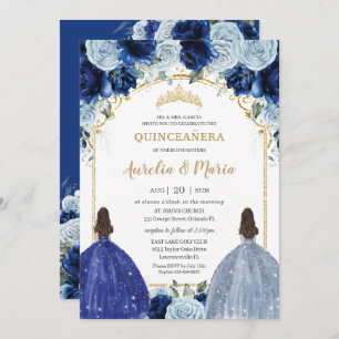 Convites Royal Baby Blue Floral Girls Twins Quinceañera