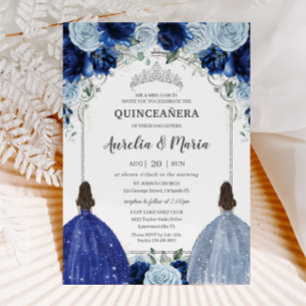 Convites Royal Baby Blue Gêmeas Florais Silver Quinceañera