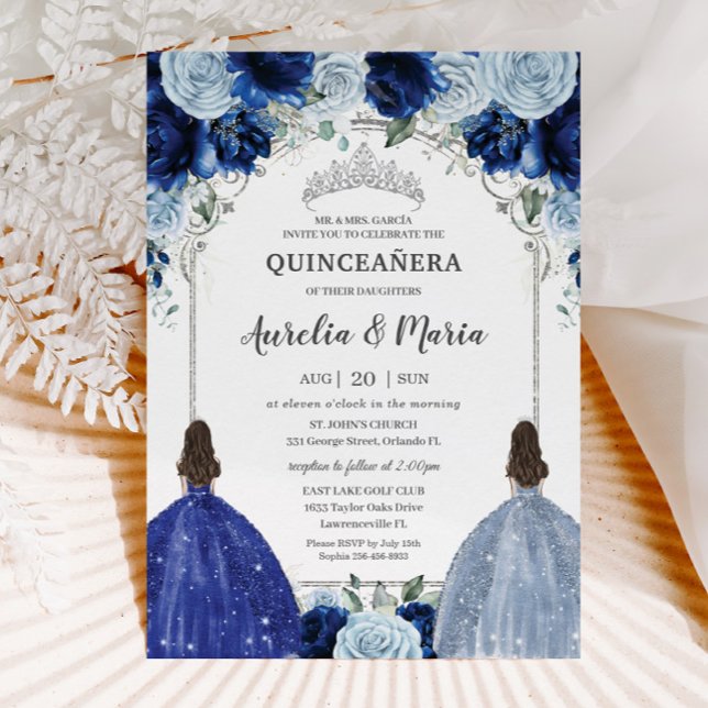 Convites Royal Baby Blue Gêmeas Florais Silver Quinceañera (Criador carregado)
