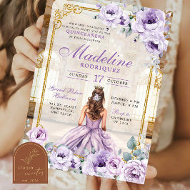 Convites Royal Ballroom Dourado e Purple Quinceanera