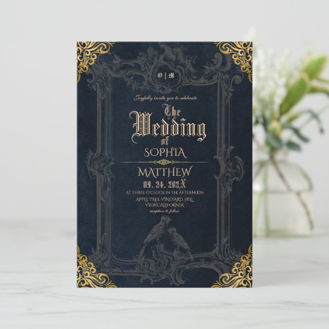 Convites Royal Black Gold Fantasy Medieval Wedding  (Em pé/Frente)
