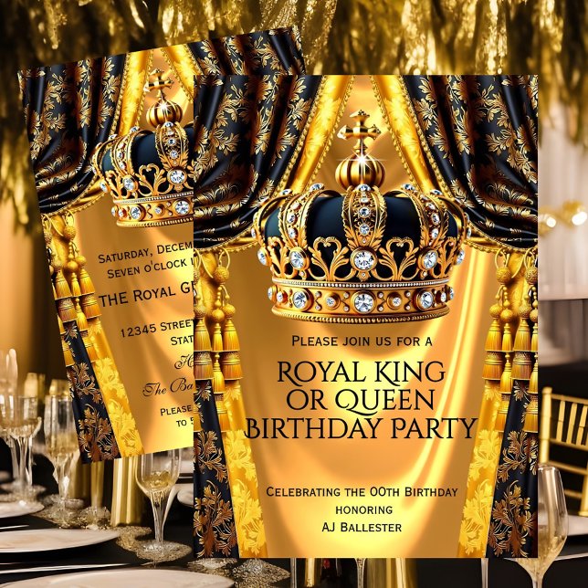 Convites Royal Black Gold King Queen Crown Birthday Party (Criador carregado)
