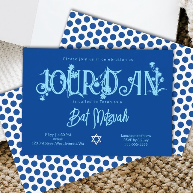 Convites Royal Blue Bat Mitzvah Floral, Bolinhas (royal blue floral bat mitzvah invitation typographical letters word art wild flowers floral spring )