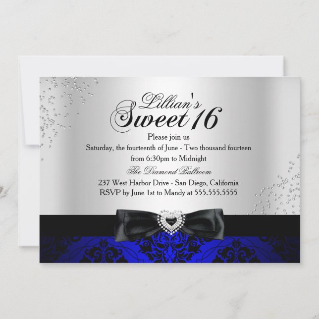 Convites Royal Blue Black Damask Sparkle Sweet 16 Invite (Frente)