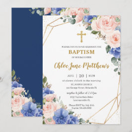 Convites Royal Blue Blush Floral Dourado Baptism Christenin