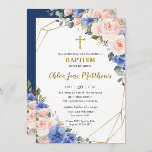 Convites Royal Blue Blush Floral Dourado Baptism Christenin