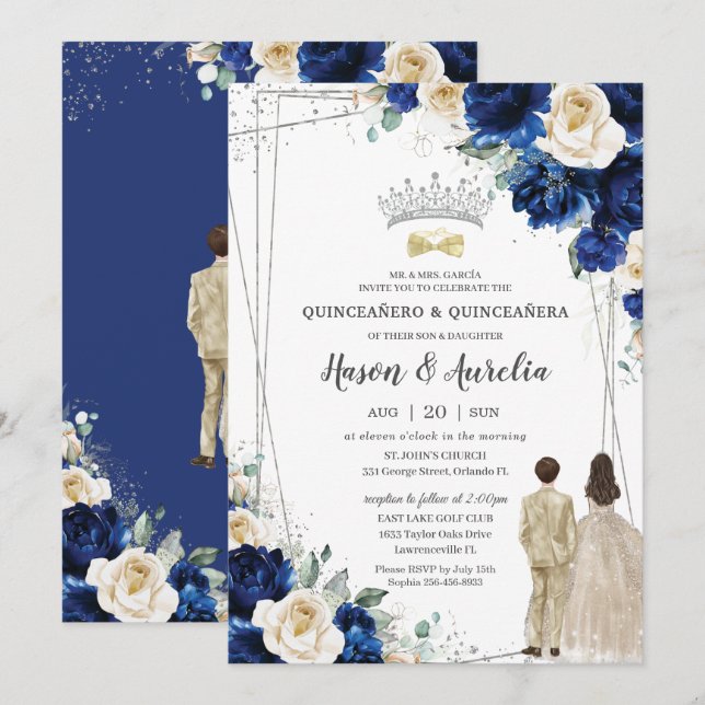 Convites Royal Blue Champagne Twins Boy Quinceañera (Frente/Verso)