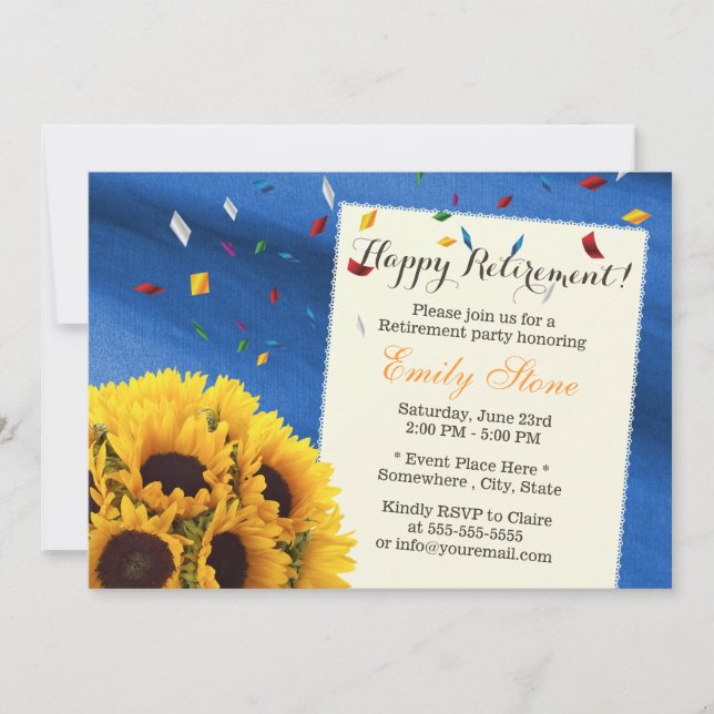 Convites Royal Blue Confetti Sunflower Retirement Party (Frente)