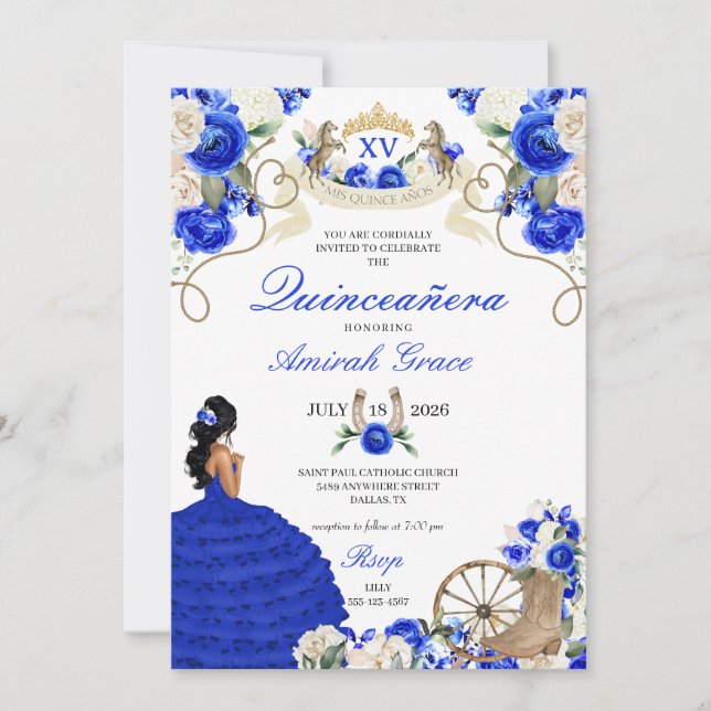 Convites Royal Blue Cowgirl Princess Western Quinceañera (Frente)