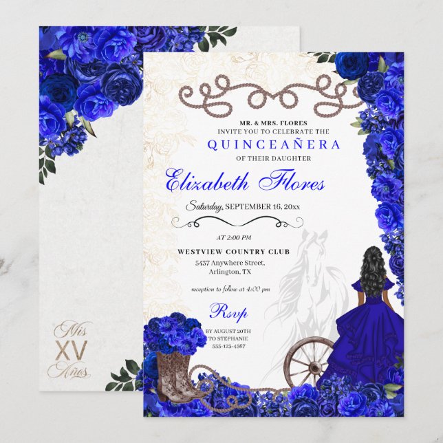 Convites Royal Blue Cowgirl Ranchero Western Quinceanera (Frente/Verso)