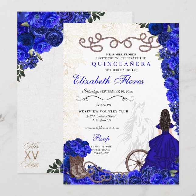 Convites Royal Blue Cowgirl Ranchero Western Quinceanera (Frente/Verso)
