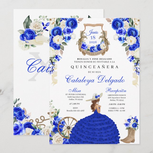 Convites Royal Blue Cowgirl Western Princess Quinceañera (Frente/Verso)