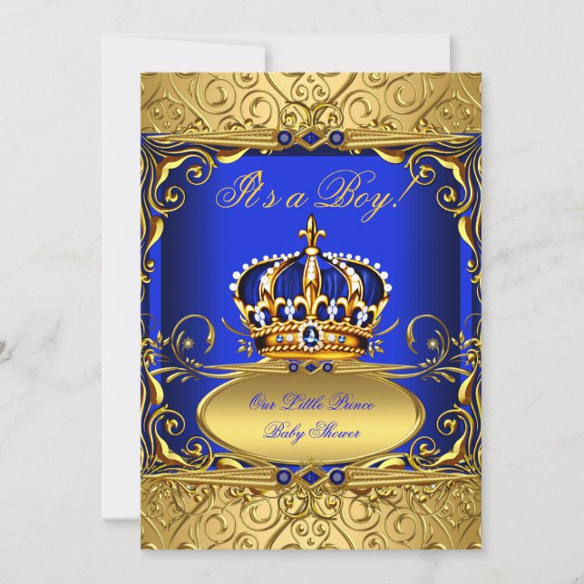 Convites Royal Blue Damask Coroa Dourada Churrasco de Bebê  (Frente)