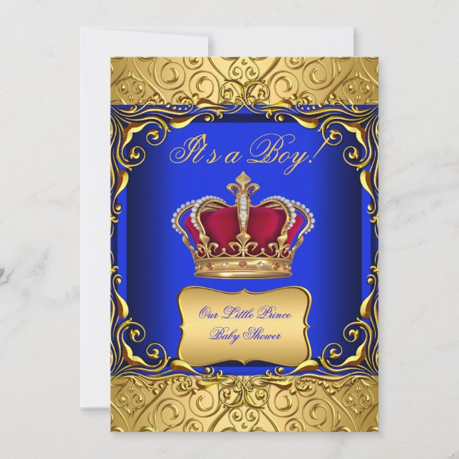 Convites Royal Blue Damask Dourado Crown Chá de fraldas Boy (Frente)