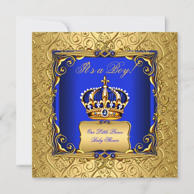 Convites Royal Blue Damask Dourado Crown Chá de fraldas Boy (Frente)