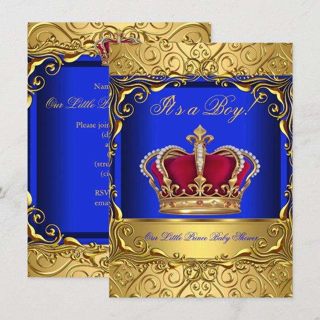Convites Royal Blue Damask Dourado Crown Chá de fraldas Boy (Frente/Verso)