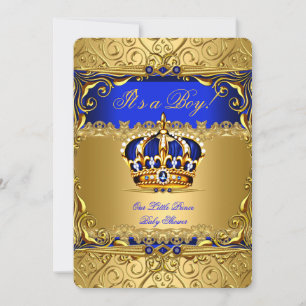 Convites Royal Blue Damask Dourado Crown Chá de fraldas Boy