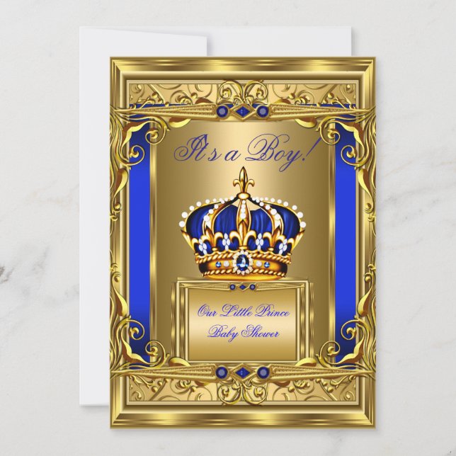 Convites Royal Blue Damask Dourado Crown Chá de fraldas Boy (Frente)