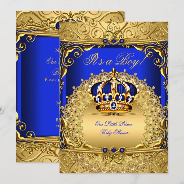 Convites Royal Blue Damask Dourado Crown Chá de fraldas Boy (Frente/Verso)