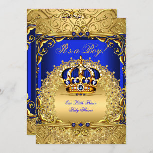 Convites Royal Blue Damask Dourado Crown Chá de fraldas Boy
