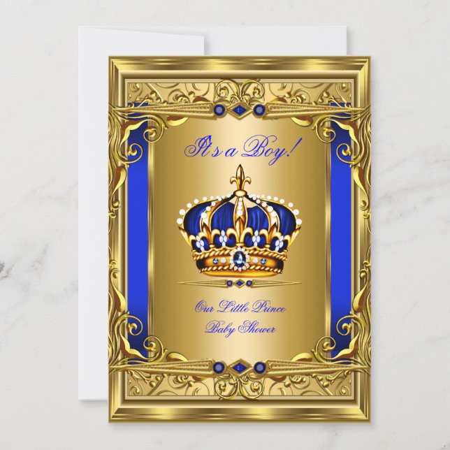 Convites Royal Blue Damask Dourado Crown Chá de fraldas Boy (Frente)