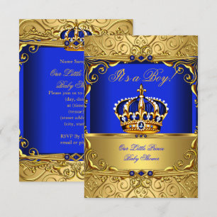 Convites Royal Blue Damask Gold Crown Baby Shower Boy PEQUE