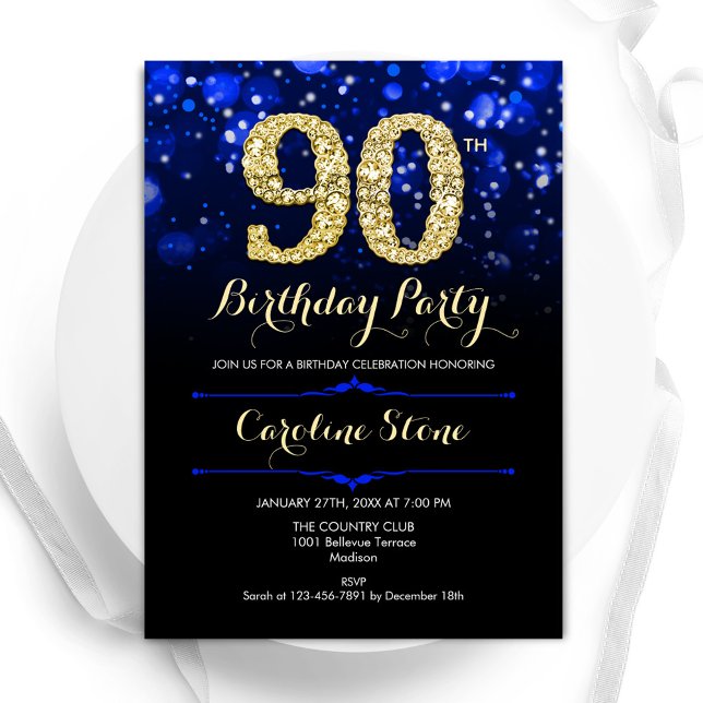 Convites Royal Blue Dourado 90 Birthday (Criador carregado)