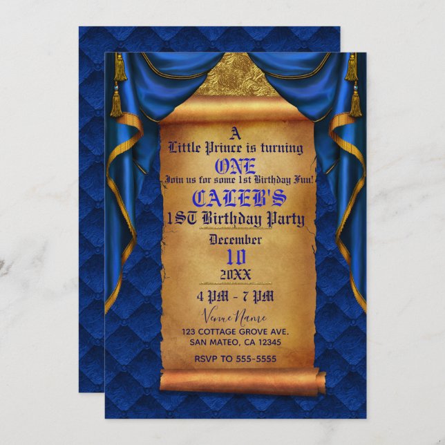 Convites Royal Blue Dourado Draps Scroll Party (Frente/Verso)