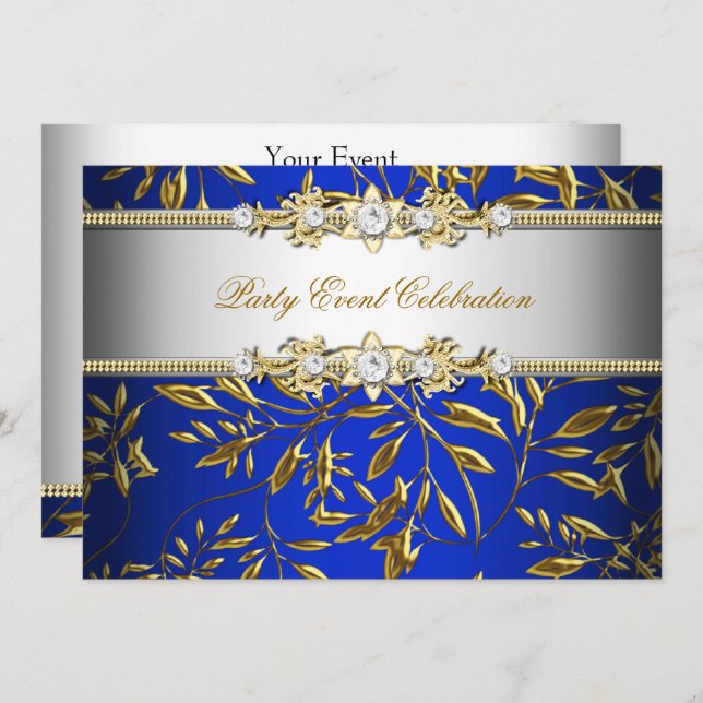 Convites Royal Blue Dourado Embossed parece um partido eleg (Frente/Verso)