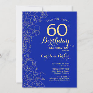 Convites Royal Blue Dourado Floral 60º Aniversário