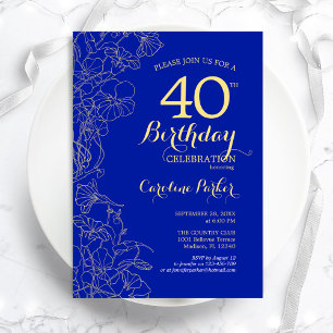 Convites Royal Blue Dourado Floral aniversário de 40 anos
